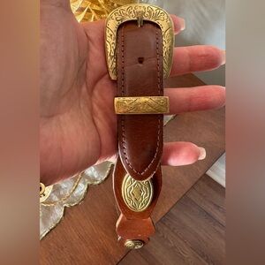 Vintage genuine Brown Leather Belt  ornate brass Buckle and decorative pieces